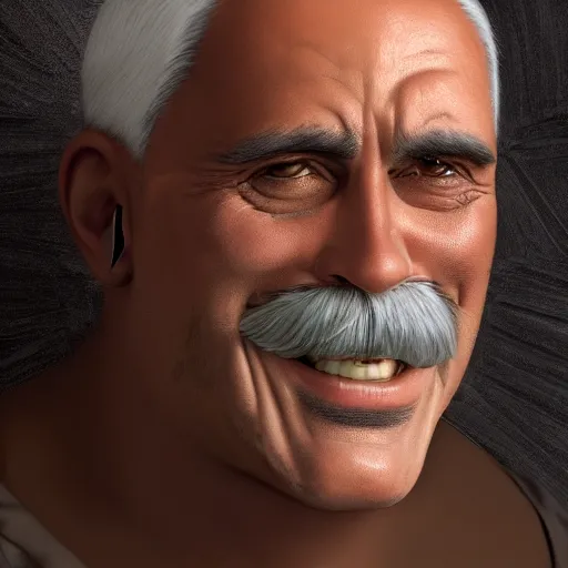 Image similar to An old middle aged superhero with black hair that's graying on the sides with a thick mustache and a strong prominent jawline and great smile in real life, portrait, photograph, realistic, hyperrealistic, highly detailed, very detailed, extremely detailed, detailed, digital art, trending on artstation, head and bodyshot