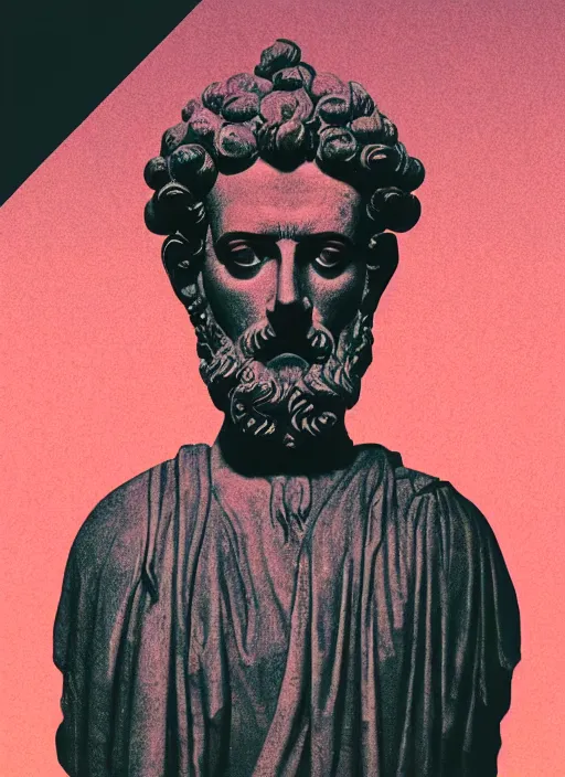 Image similar to dark design poster showing a statue of marcus aurelius, black background with very subtle red and purple design elements, powerful, nekro, vito acconci, thin straight lines, dark, glitch art, neo vaporwave, gritty, layout frame, square, trending on artstation