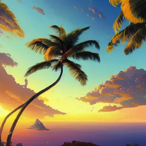 Image similar to a painting a breathtaking aerial view of Hawaiian islands, surrounded by palm trees, clouds, flowers, volcano, azure ocean, sunlight glistening, glow, , a detailed matte painting by sylvain sarrailh, Stephan Martinière, by RHADS, Makoto Shinkai, bokeh, Artstation contest winner, fantasy art, concept art, #vfxfriday