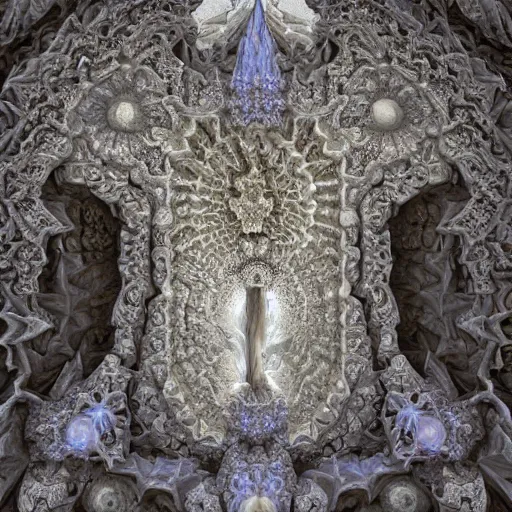 Image similar to a beautiful 3 d stone carving of an intricate mandelbrot fractal cathedral populated by fractals by android jones, carved soap, color scheme, unreal engine, volumetric lighting, dynamic lighting, bright, dramatic lighting, high contrast, carved marble, opalescent, sagrada familia arch, sacred geometry, religious, angelic, catholic punk, stark