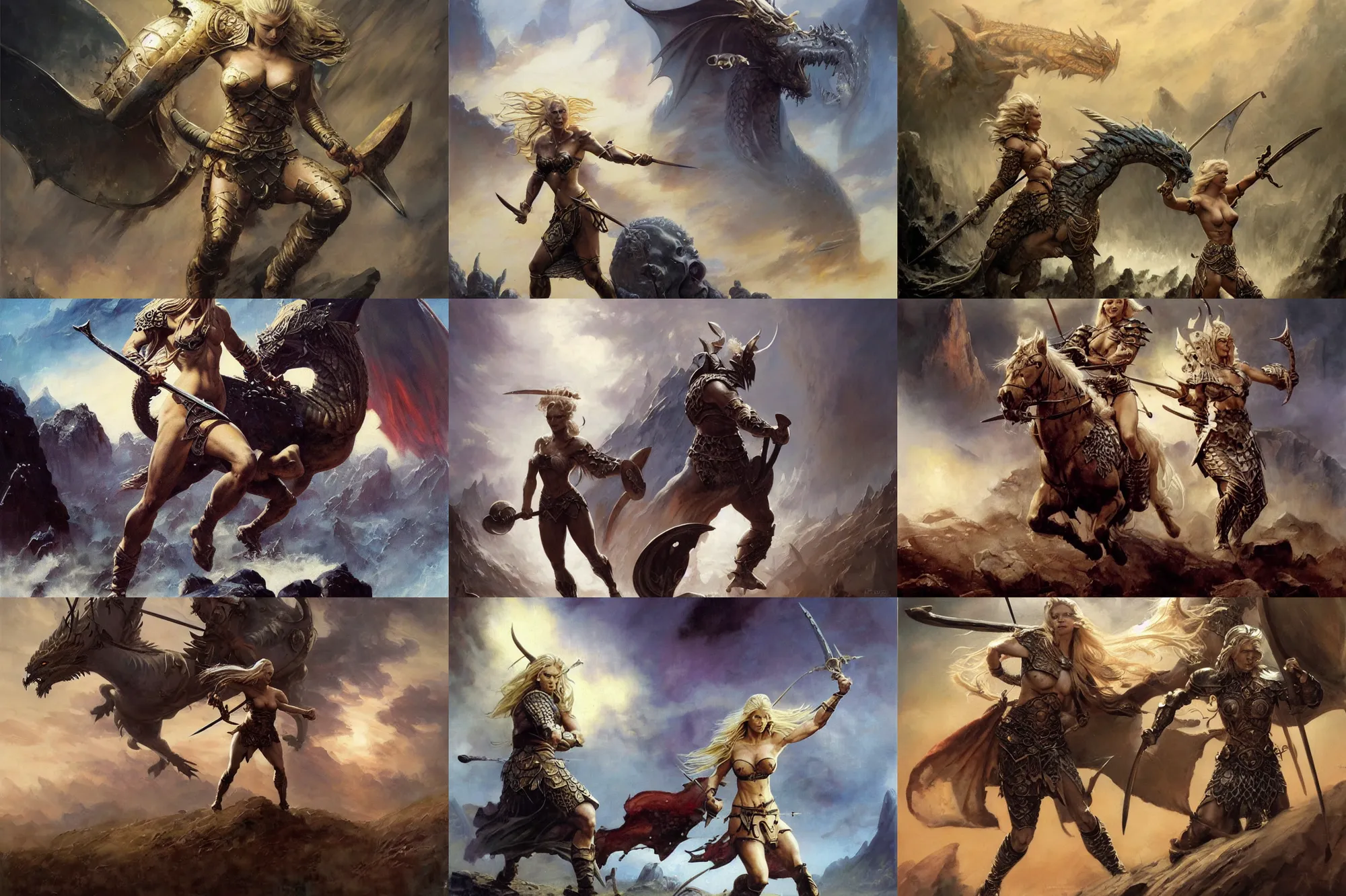 Prompt: An oil painting of a beautiful blonde viking woman running into battle, dragon scale armor, aesthetic, by Frank Frazetta, Greg Rutkowski, Boris Vallejo, Neal Hanson, Christian MacNevin, epic fantasy character art, goddess of war, goddess of anger, high fantasy, Exquisite detail, post-processing, low angle, masterpiece, cinematic, colossal dragon in background