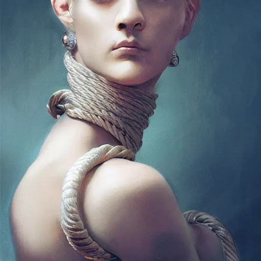 Image similar to portrait of a Shibari rope wrapped face and neck, headshot, insanely nice professional hair style, dramatic hair color, digital painting, of a old 18th century, Royal Emperor, amber jewels, baroque, ornate clothing, scifi, realistic, hyperdetailed, chiaroscuro, concept art, art by Franz Hals and Jon Foster and Ayami Kojima and Amano and Karol Bak,