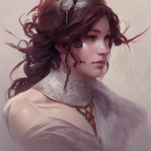 Image similar to portrait of an adventurer, elegant, intricate, headshot, D&D, fantasy, highly detailed, digital painting, artstation, concept art, sharp focus, illustration, art by artgerm and greg rutkowski and alphonse mucha