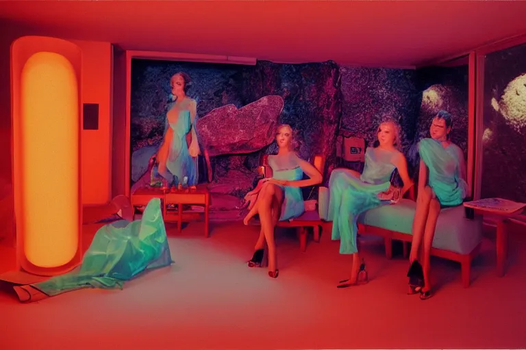 Prompt: first-person view of a vogue female models wearing discowear sitting inside of an unlit lit 1970s underwater chinese convenience star with a soviet computer console on the wall, a suspended fireplace, large semi-translucent windows, lava lamp, an exterior of the deep sea floor with bioluminescent species, ektachrome photograph, volumetric lighting, f8 aperture