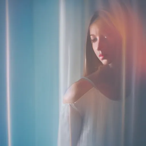 Prompt: photography of female models behind white curtains, dramatic light, cinestill, filmstill, bokeh, long exposure, god rays, magic hour