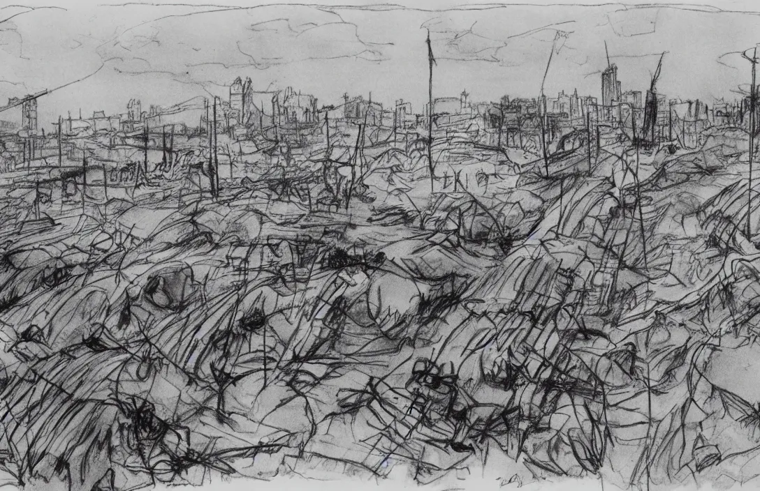 Image similar to milt kahl sketch of world war 1 trenches with the city of miami in the background