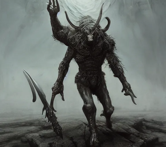 Prompt: minotaur concept, full body concept, beksinski, wayne barlowe, adrian smith fantasy art, the hobbit art, lord of the ring art, the witcher concept art, trending on artstation, game of throne art