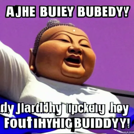 Prompt: buddah bouncing excitedly in his desk chair when he realises he just won the lottery