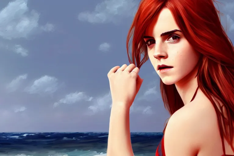 Prompt: Red-haired beauty Emma Watson in a bikini, full body, full height , highly detailed, mid-shot ,pixiv , digital painting , concept art