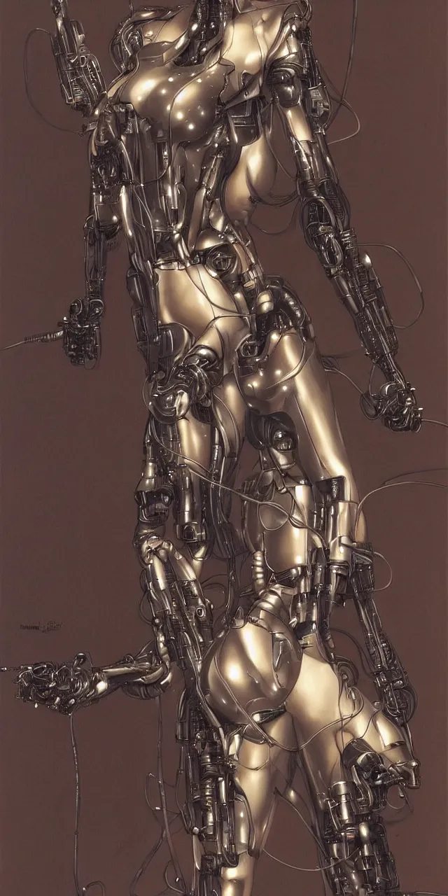 Image similar to beauty Blade Runner woman, robotic, cyberpunk, lots of cables and wiring, electrical details, trending on artstation, by Hajime Sorayama and Boris Vallejo