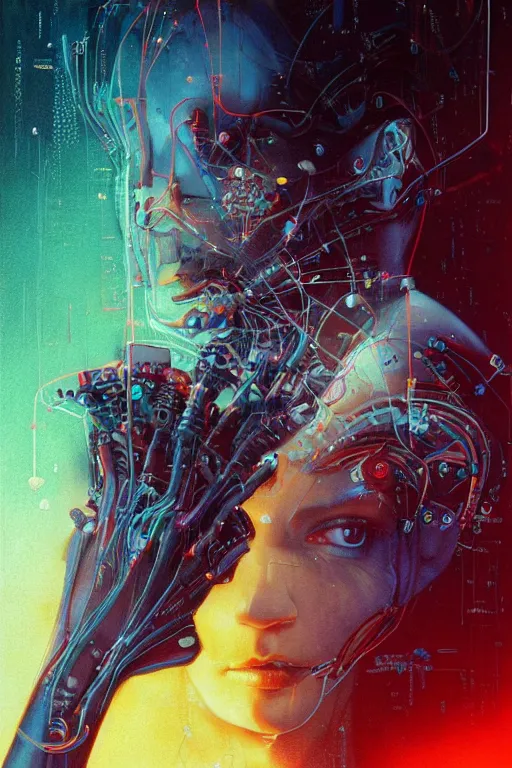 Image similar to portrait of computer & circuits, melting, nasa, 8 k, by tristan eaton, stanley artgermm, tom bagshaw, greg rutkowski, carne griffiths, ayami kojima, beksinski, giger, trending on deviantart, face enhance, hyper detailed, minimalist, cybernetic, android, blade runner, full of colour, super detailed