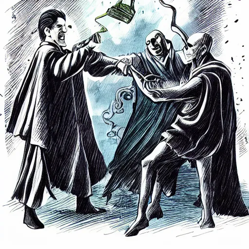 Prompt: vlodymyr zielinski as voldemort tormenting harry potter and friends