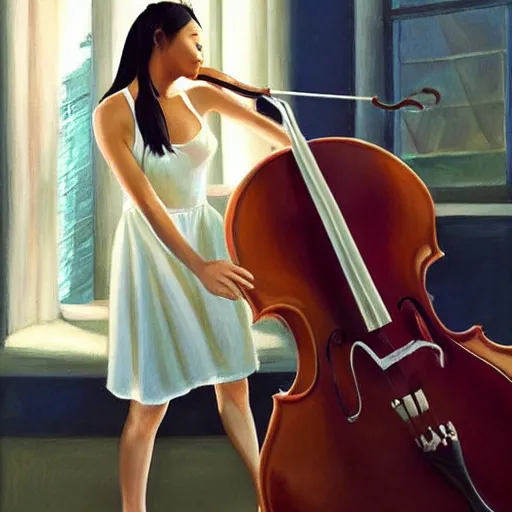 Prompt: a young asian girl in a white slip dress playing a cello in the sun by artgerm.