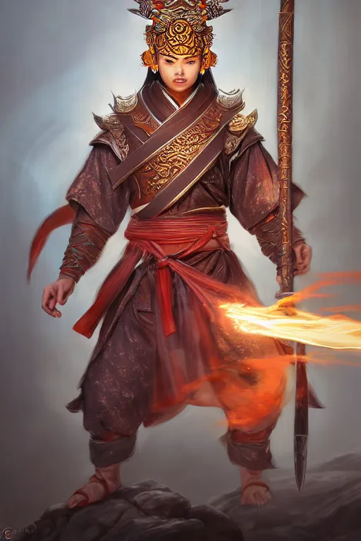 Image similar to charming nezha, highly detailed, man holding spear, flame everywhere, epic pose, masterpiece chinese fantasy character portrait, highly detailed, digital painting, trending on artstation, concept art, sharp focus, illustration, global illumination, ray tracing, realistic shaded, art by artgerm and greg rutkowski and fuji choko and viktoria gavrilenko and hoang lap