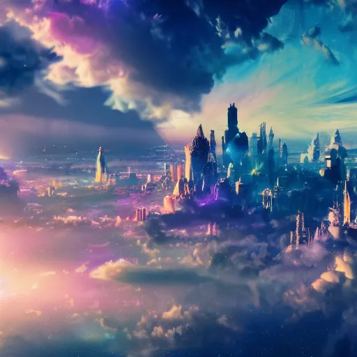 Image similar to cloud city made of multicoloured jewels, fantasy, fluffy clouds, sun rays reflecting off of city, cinematic, octane render, art station, dramatic lighting, beautiful moonlight night, concept art, rococo, photorealistic, intense detail, 8 k