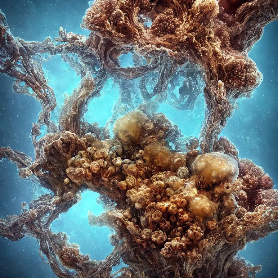 Prompt: a close up of an animal under water, huge living fungal colony, large tryptophobia mushroom, rhizomorphic mycelium hyphae, space nebula look, a microscopic photo by alberto seveso, featured on zbrush central, nuclear art, rendered in cinema 4 d, octane render, polycount, sharp detail