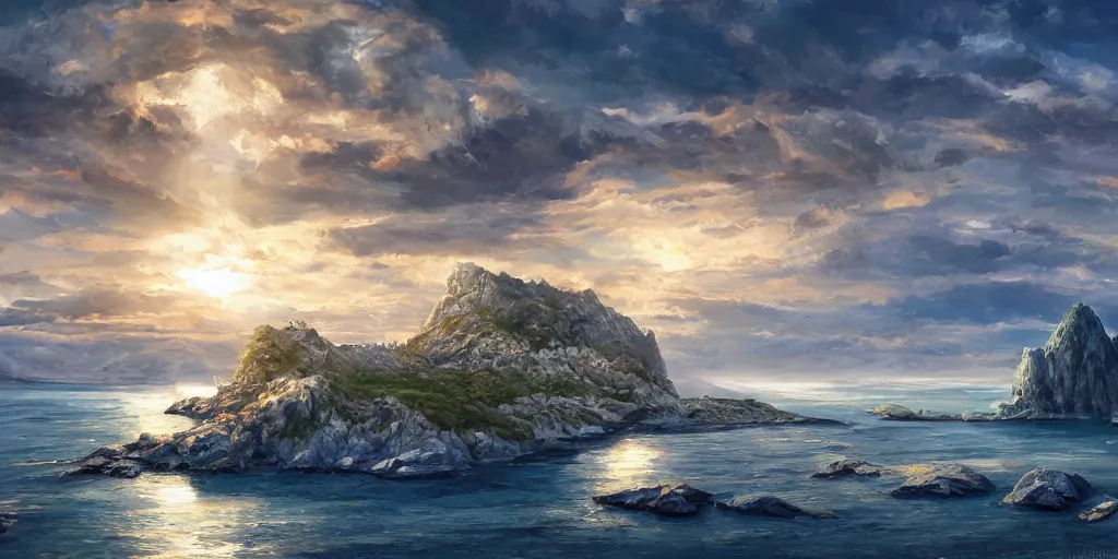 Image similar to salt covered islands surrounded by sheer gleaming quartz cliffs, illustration, bright sunlight, sun glints, sunrays, digital art, oil painting, fantasy, 8 k, trending on artstation, detailed