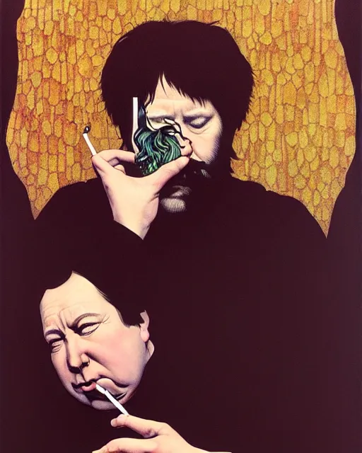 Prompt: portrait of bill hicks smoking, art by ( ( ( kuvshinov ilya ) ) ) and wayne barlowe and gustav klimt and artgerm and wlop and william - adolphe bouguereau