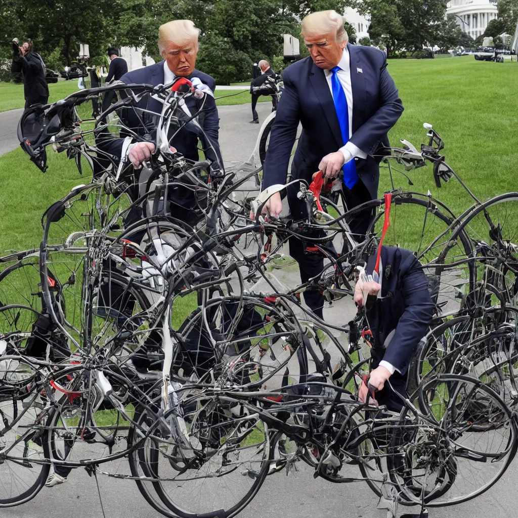 Prompt: trump repairs his bicycle outside the white house