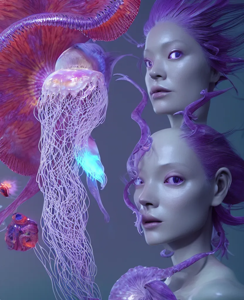 Image similar to goddess close-up portrait. orchid jellyfish phoenix head, nautilus, skull, betta fish, bioluminiscent creatures, intricate artwork by Tooth Wu and wlop and beeple. octane render, trending on artstation, greg rutkowski very coherent symmetrical artwork. cinematic, hyper realism, high detail, octane render, 8k