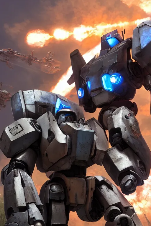 Image similar to mechwarrior 5 : mercenaries mech megaman transformer robot boss tank engine game octane render, 4 k, hd 2 0 2 2 3 d cgi rtx hdr style chrome reflexion glow fanart, global illumination ray tracing hdr fanart arstation by ian pesty pixar and disney unreal zbrush central hardmesh