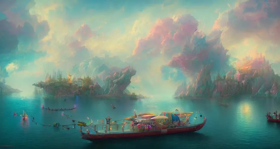 Image similar to an amusement park boat ride with pastel colors by peter mohrbacher, vivid colors, matte painting, 8K, concept art, mystical color scheme, trending on artstation