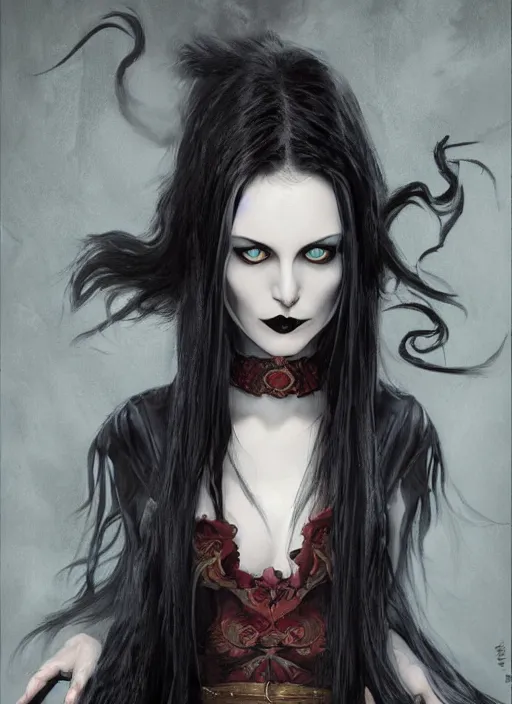 Image similar to tarot!!, pale, beautiful goth vampire with long hair, fantasy, elegant, concept art, sharp focus, beautiful face!!, digital art, Hyper-realistic, 4K, Unreal Engine, Highly Detailed, HD, Dramatic Lighting, Beautiful, by Brom, trending on Artstation