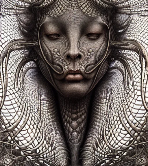 Prompt: detailed realistic beautiful dinosaur goddess face portrait by jean delville, gustave dore, iris van herpen and marco mazzoni, art forms of nature by ernst haeckel, art nouveau, symbolist, visionary, gothic, neo - gothic, pre - raphaelite, fractal lace, intricate alien botanicals, ai biodiversity, surreality, hyperdetailed ultrasharp octane render