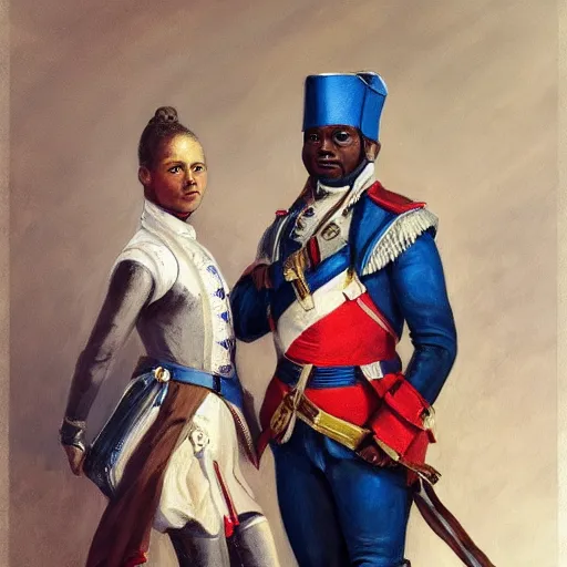 Image similar to portrait of napoloen bonaparte and toussaint l'ouverture standing proudly shoulder to shoulder, painting by rose roosendaal, trending on artstation