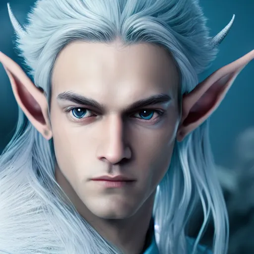 Prompt: a highly detailed portrait male elf, with white long hair, white clothes, bright blue eyes, artstation, DeviantArt, professional, octane render