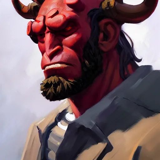 Prompt: greg manchess portrait painting of hellboy as overwatch character, medium shot, asymmetrical, profile picture, organic painting, sunny day, matte painting, bold shapes, hard edges, street art, trending on artstation, by huang guangjian and gil elvgren and sachin teng