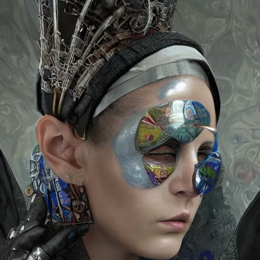 Image similar to italian solarpunk curator in an art gallery with extremely detailed headsets and glove's, inspired by die antwoord beautiful, hand painted textures, cloth physics, deviantart, karol bak, masamune shirow, black and white, photorealistic, concept art, perfect render, 3 d render, pixar, 8 k