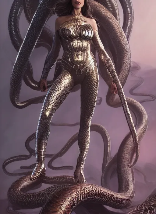 Prompt: Medusa Gal Gadot, mechanical snakes of different sizes, detailed face, very detailed, dramatic lighting, electrical details, high details, 4k, 8k, trending on artstation, by Greg Rutkowski, Wayne Barlowe, Hajime Sorayama and Boris Vallejo