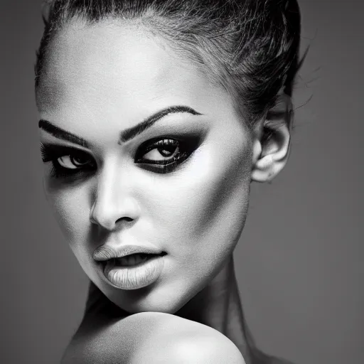 Prompt: beautiful black and white photograph of a model at a high end photoshoot in Barbados