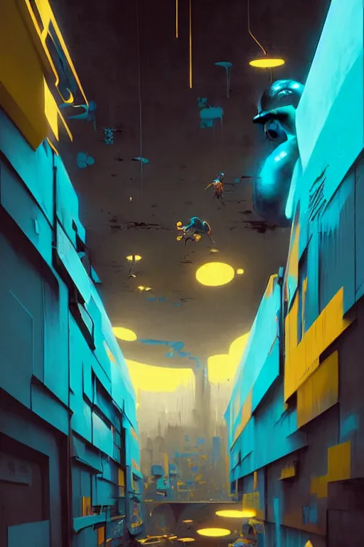 Image similar to matte painting extreme offset 3 d calligraphy graffiti mural wall extreme maximalism by atey ghailan, by greg rutkowski, by greg tocchini, by james gilliard, by joe fenton, yellow, brown, black and cyan color scheme, octane render