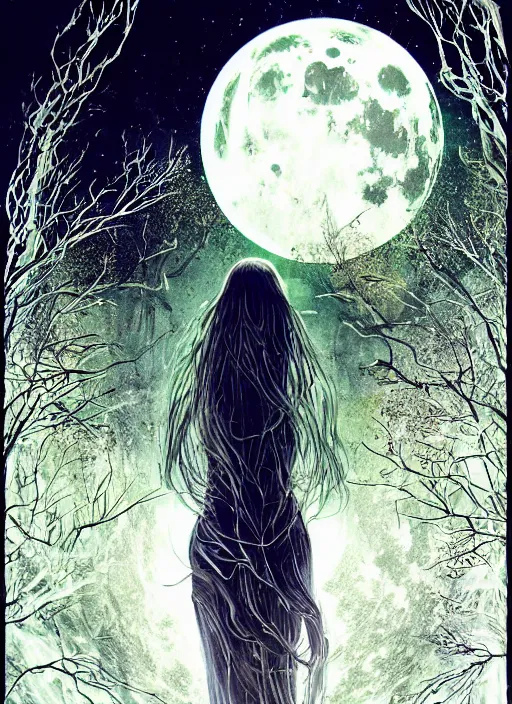 Image similar to glowing silver and golden elements, portrait, A beautiful dark witch in front of the full big moon, book cover, green forest, red white black colors, establishing shot, extremly high detail, foto realistic, cinematic lighting, pen and ink, intricate line drawings, by Yoshitaka Amano, Ruan Jia, Kentaro Miura, Artgerm, post processed, concept art, artstation, matte painting, style by eddie, raphael lacoste, alex ross