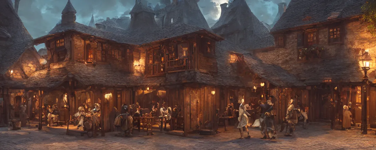 Image similar to tavern bard infront of tiny, medieval era tavern with exotic dancers, exterior, two stories, vaporwave aesthetics, 8 k uhd, unreal engine, octane render in the artstyle of finnian macmanus, john park and greg rutkowski