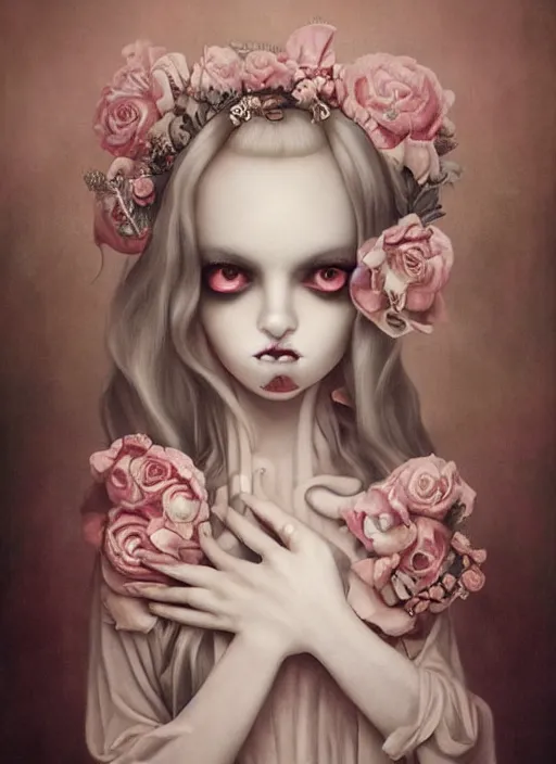 Image similar to pop surrealism, lowbrow art, realistic cute bride ghost girl painting, japanese street fashion, hyper realism, muted colours, rococo, natalie shau, loreta lux, tom bagshaw, mark ryden, trevor brown style,