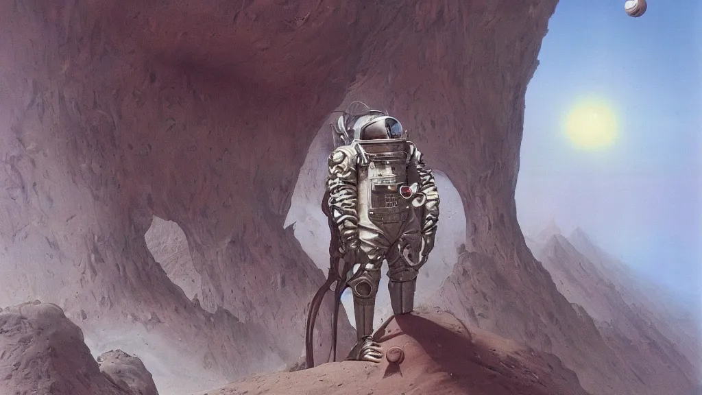 Prompt: organic spacesuit design by john schoenherr and jim burns, epic cinematic matte painting