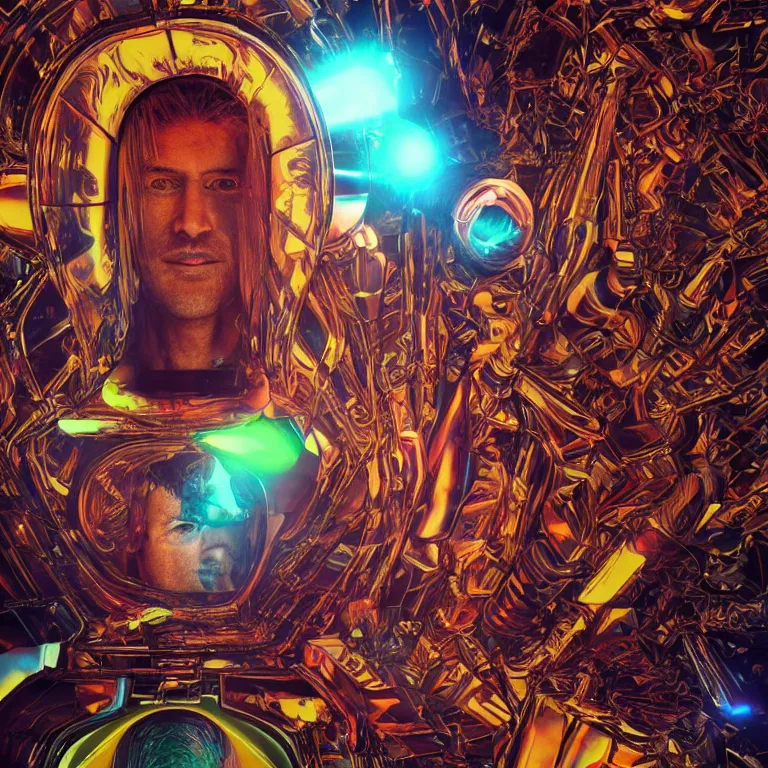 Image similar to octane render portrait by wayne barlow and carlo crivelli and glenn fabry, a strange psychedelic colorful 1 9 7 0's sci - fi action hero inside a futuristic prison cell, light beams, cinema 4 d, ray traced lighting, very short depth of field, bokeh