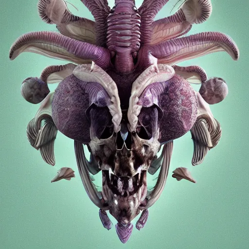 Prompt: goddess close-up portrait ram skull, thorax, x-ray, backbone, phoenix head, nautilus, orchid, skull, betta fish, bioluminiscent creatures, intricate artwork by Tooth Wu and wlop and beeple. octane render, trending on artstation, greg rutkowski very coherent symmetrical artwork. cinematic, hyper realism, high detail, octane render, 8k, green and orange tones