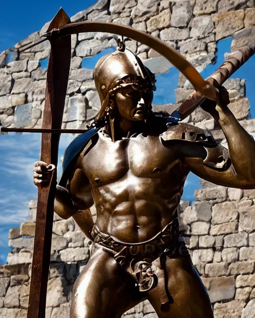 Prompt: a huge bronze statue of a spartan warrior holding his spear and shield, laconia, greece, photorealistic, atmospheric