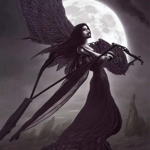 Image similar to the grim reaper as a gorgeous young girl, dark fantasy, intricate, very huge elaborate scythe, very huge black angel wings, elegant, glowave blood moon, full moon, highly detailed, digital painting, artstation, concept art, wallpaper, smooth, sharp focus, illustration, art by artgerm and greg rutkowski and alphonse mucha