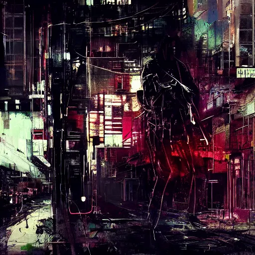 Image similar to a cyberpunk, wires, machines, in a dark future city by jeremy mann, francis bacon and agnes cecile, ink drips, paint smears, digital glitches glitchart c - 1 0