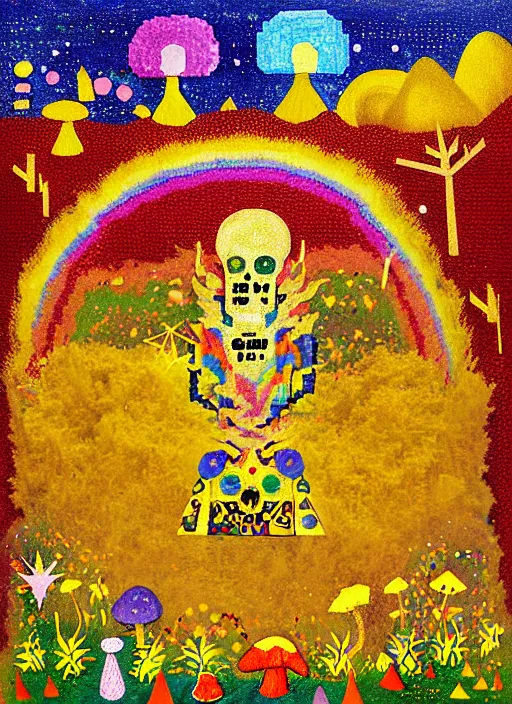 Image similar to pixel decollage painting tarot sun card composition golden armor alien zombie horseman riding on a crystal bone dragon broken rainbow diamond maggot horse in a blossoming meadow full of colorful mushrooms and golden foil toad blobs in a golden sunset, distant forest horizon, painted by mark rothko, helen frankenthaler, danny fox and hilma af klint, pixelated