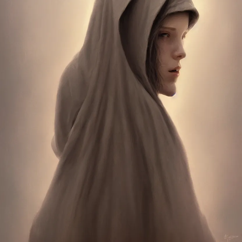 Image similar to Portrait of a young woman wearing a hooded robe, anatomically correct, perfect face, cinematic lighting, candid, intricate, elegant, highly detailed digital painting, trending on Artstation, concept art, smooth, sharp focus, illustration and art by Beksinski, by Simon Stalenhag