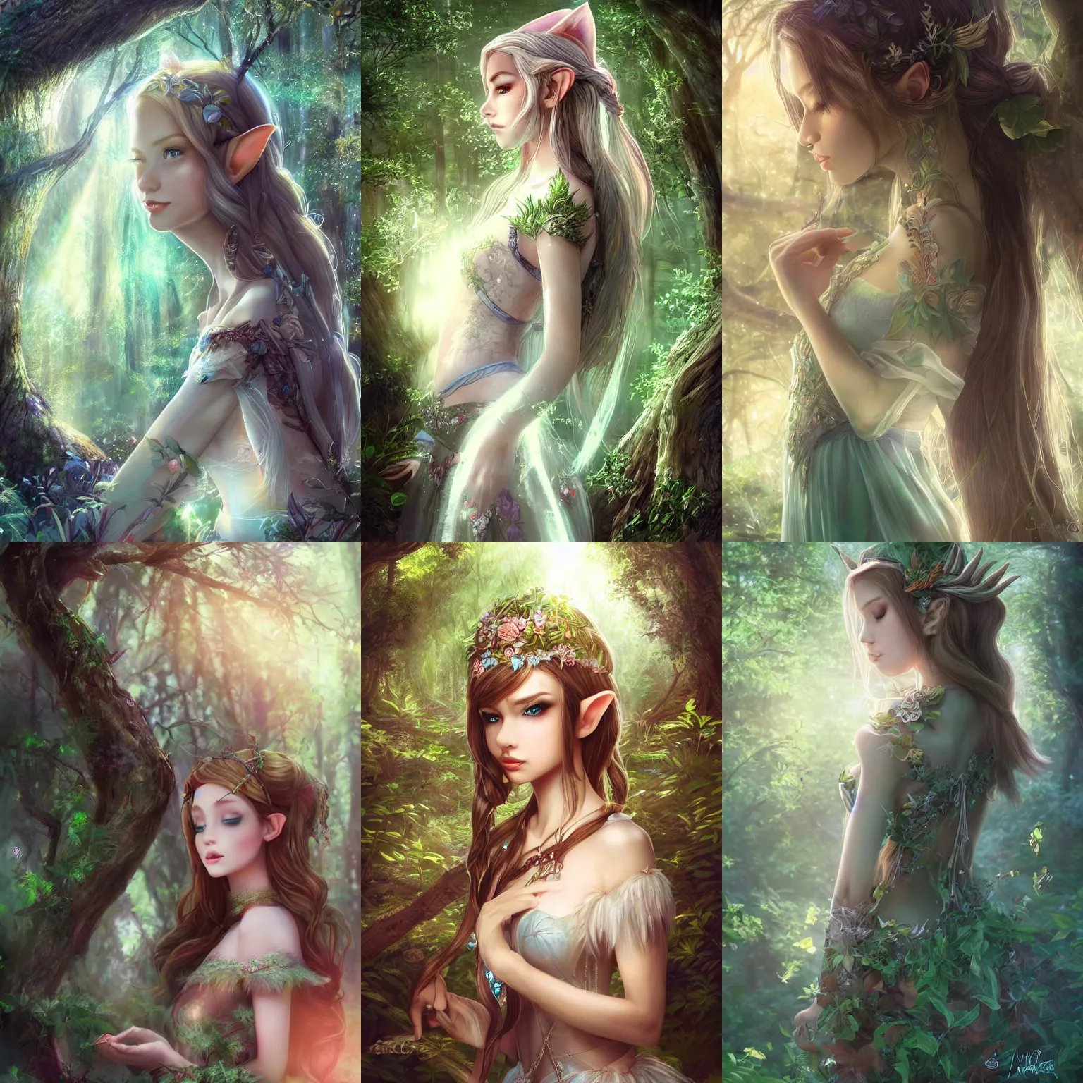 Image similar to beatiful elf princess in an enchanted forest, 3/4 side view, hair jewellery, fully clothed, light mist, light rays sieving through the trees, shallow depth of field, coherent composition, by Yuumei, by Artgerm