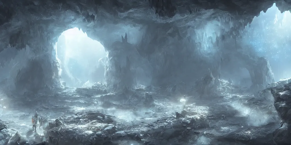 Image similar to beautiful matte painting of a cave with glowing crystals on the walls and bone piles on the floor, fantasy, sharp focus, artstation