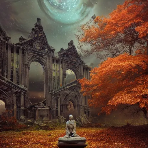 Image similar to a celestial cathedral in ruins, a single autumn maple bonsai blooms, decay and ruins, abandoned dreams and the futility of all human endeavor lie around by Jessica Rossier and HR Giger