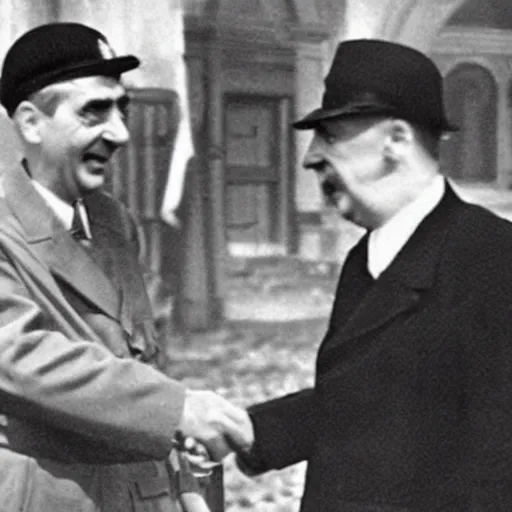 Prompt: A still of Mr Bean shaking hands with Hitler